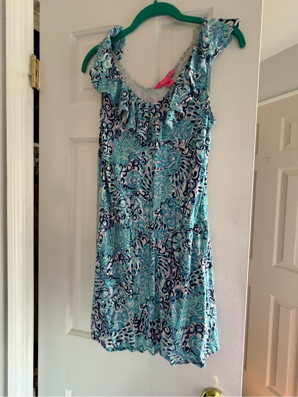 Lilly Pulitzer Blue Aqua Navy White Ruffle Neck Romper